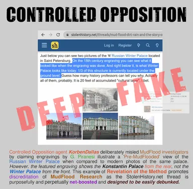 MudFlood Controlled Opposition Deep Fake by
KorbenDallas from StolenHistory.net
Controlled Opposition agent KorbenDallas deliberately misled MudFlood investigators by claiming engravings by
G. Piranesi illustrate a 'Pre-MudFlooded' view of the Russian Winter Palace when compared to modern photos of the same
palace.
However, the featured engraving shows the Konstantin Palace from the rear, not the Winter Palace from the front.
This example of Revelation of the Method promotes discreditation of MudFlood Research as the StolenHistory.net
thread is purposefully and perpetually net-boosted and designed to be easily debunked.
